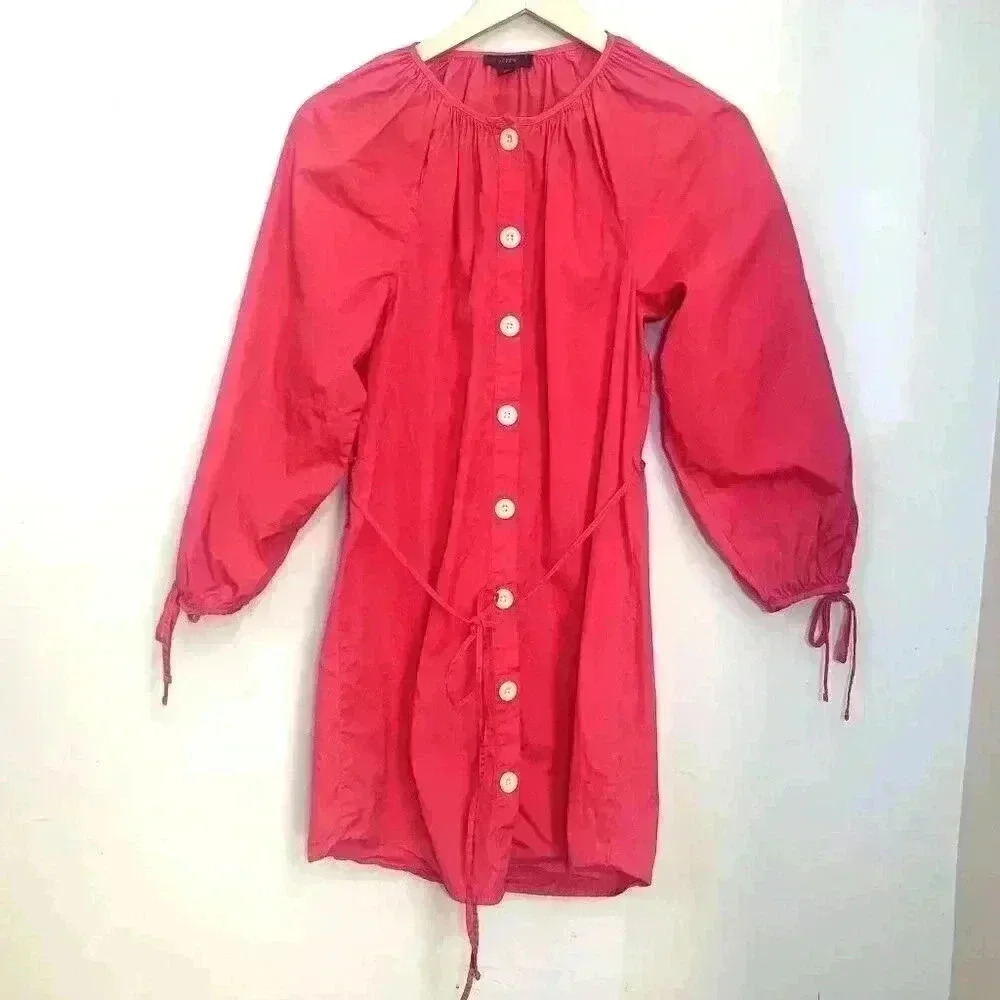 J. Crew Pink Shirt Dress Tie-Sleeve Cotton Poplin SIZE XS Balloon sleeves